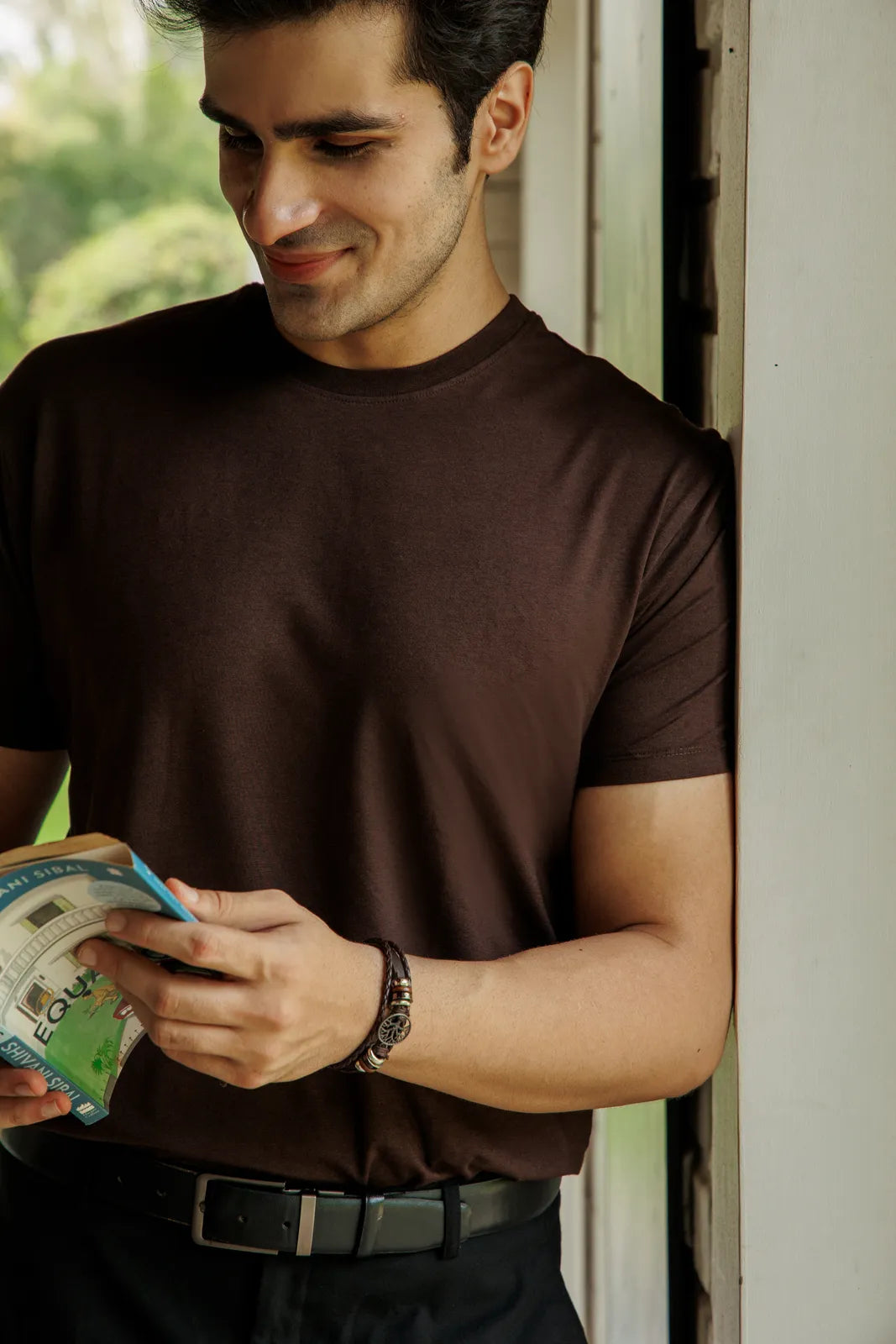 Bamboo Crew Tee – Coffee worn — lifestyle photo 3