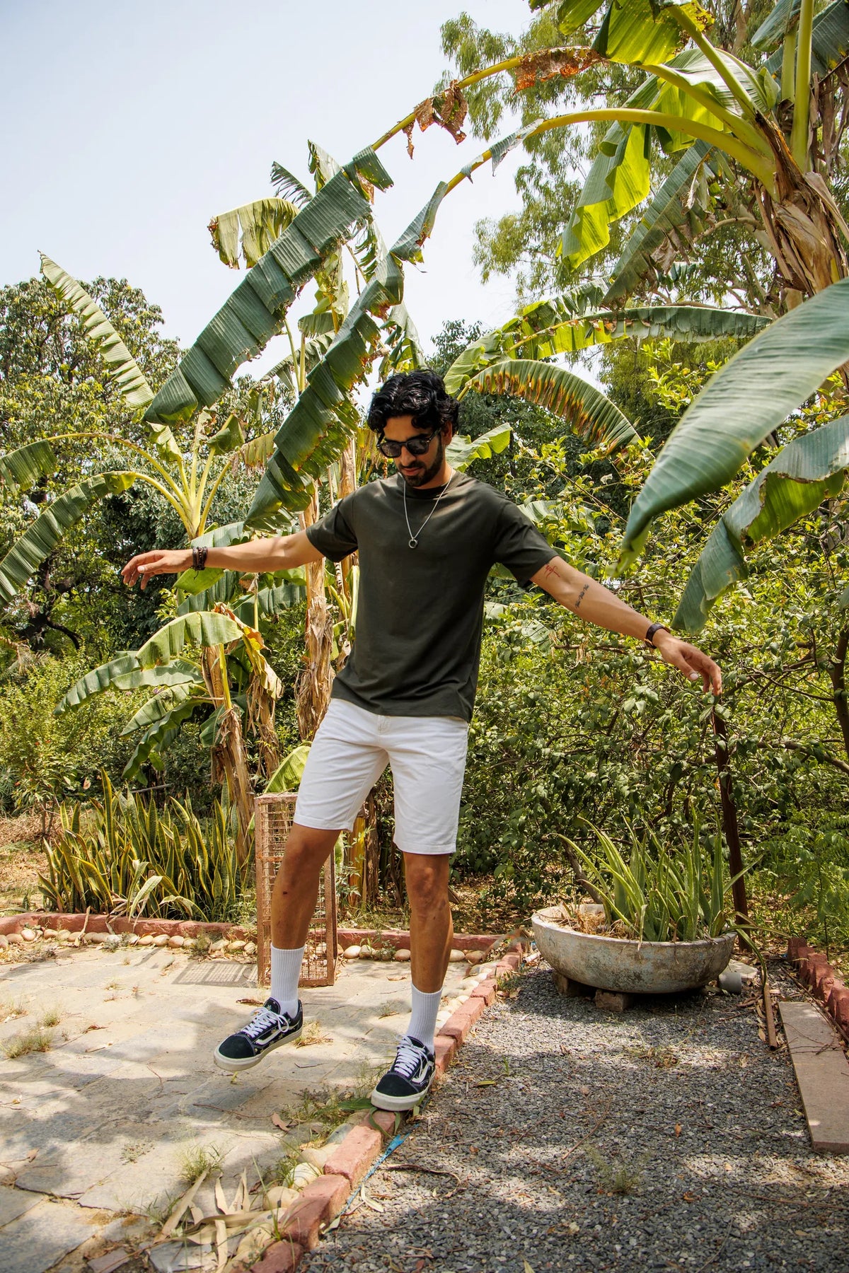 Bamboo Crew Tee – Olive worn — lifestyle photo 1