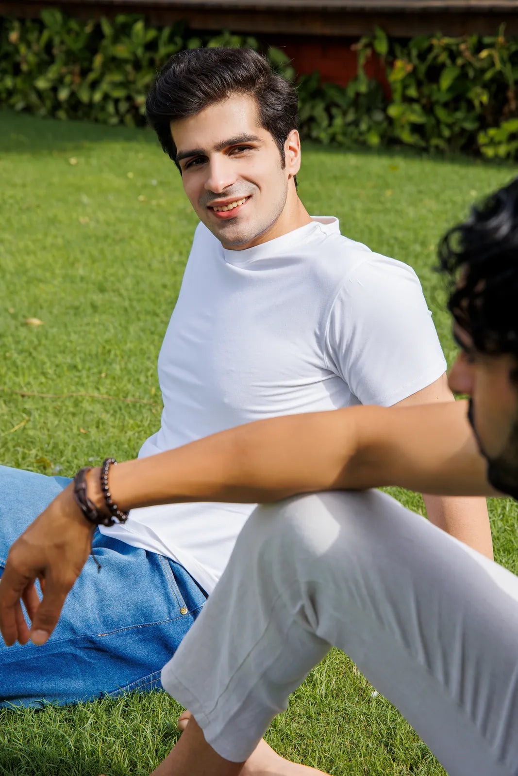 Bamboo Crew Tee – White worn — lifestyle photo 2